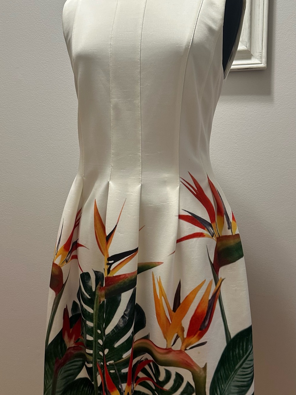 Calvin Klein Ivory Fit-and-Flare Dress with Tropical Floral Print